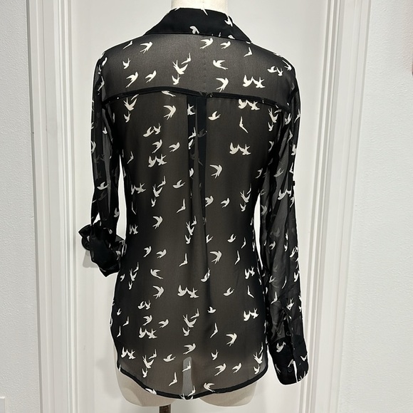 Express Bird Print Sheer Button Up Long Sleeve with Rolled Sleeve Tabs - XS - Picture 4 of 11